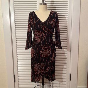 VINTAGE Y2K PERSEPTION BROWN AND PINK FLORAL FAUX WRAP DRESS. KNEE LENGTH.